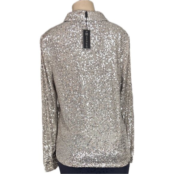 Cable & Gauge L Metallic Champagne Sequin Button Down Collar Long Sleeve Shirt - Picture 4 of 7
